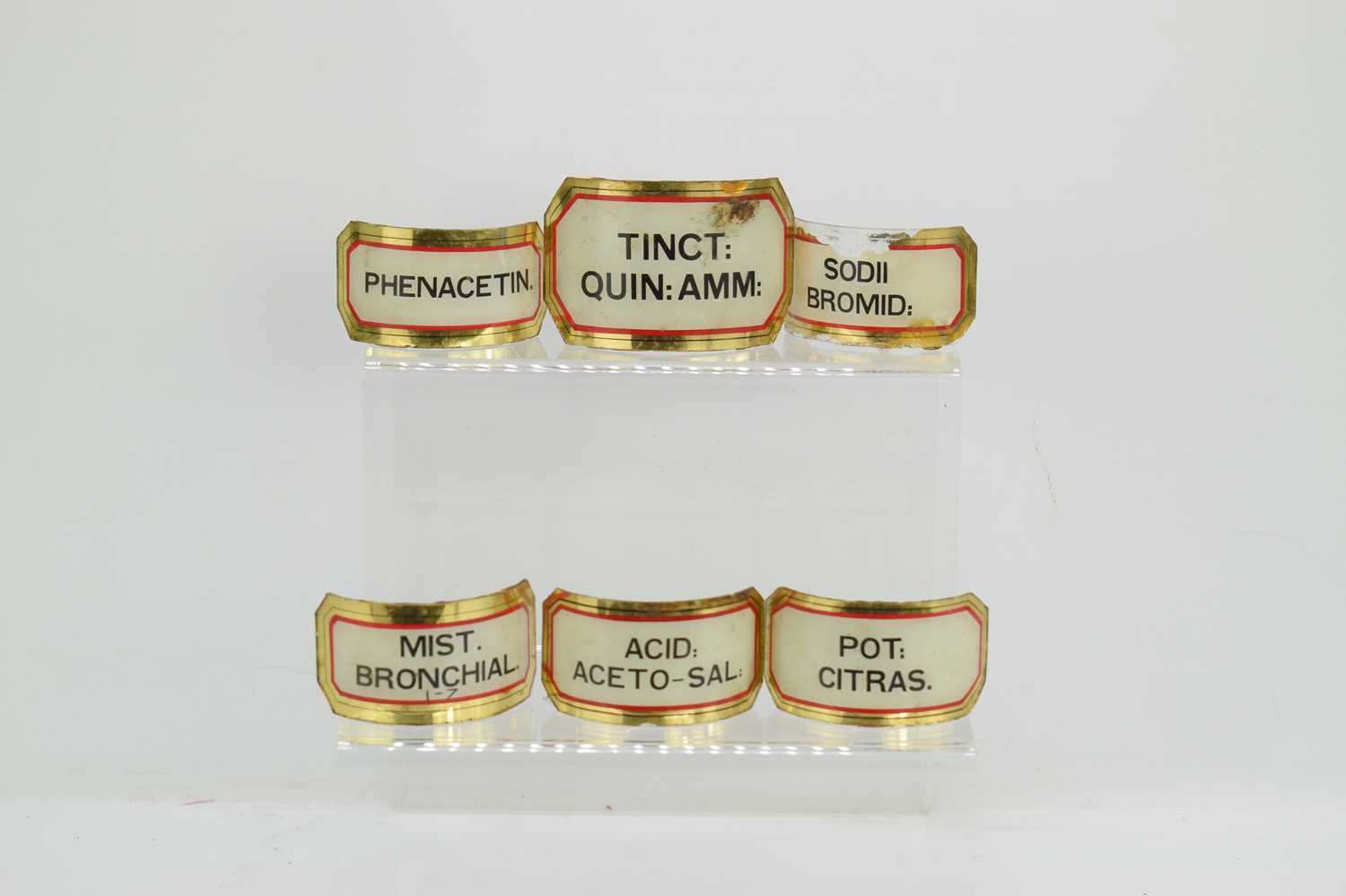 A group of six Victorian apothecary glass bottle labels.