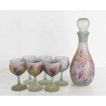 An opaque glass secessionist style decanter set comprising decanter and six glasses.