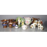 A group of 19th century ceramics including a lusterware jug moulded in relief with huntsmen, horses,
