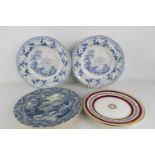 A collection of three blue and white plates, comprising a Charles Heathcote & Co plate, transfer