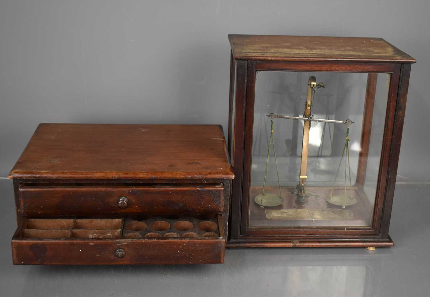 A Victorian microscope aaccessory / collectors cabinet comprising two drawers with fitted