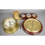 A 20th century ships clock and barometer, wall mounted, a Smiths brass clock with subsidiary seconds