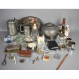 A group of collectable items to include pewter tankards, silver napkin ring, inkwell, paperweight,