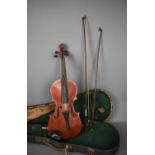 A 19th century violin with two piece back along with two bows and case, a/f