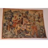 A large Medieval style tapestry wall panel, depicting horse & figures in landscape. 228cms wide x