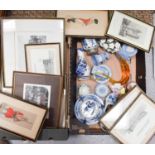 A group of pictures and prints, together with blue and white Delft ware, murano fish, Wedgwood