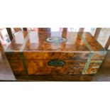 A 19th century burr walnut work box, with interior writing slope, brass bound and inlaid.