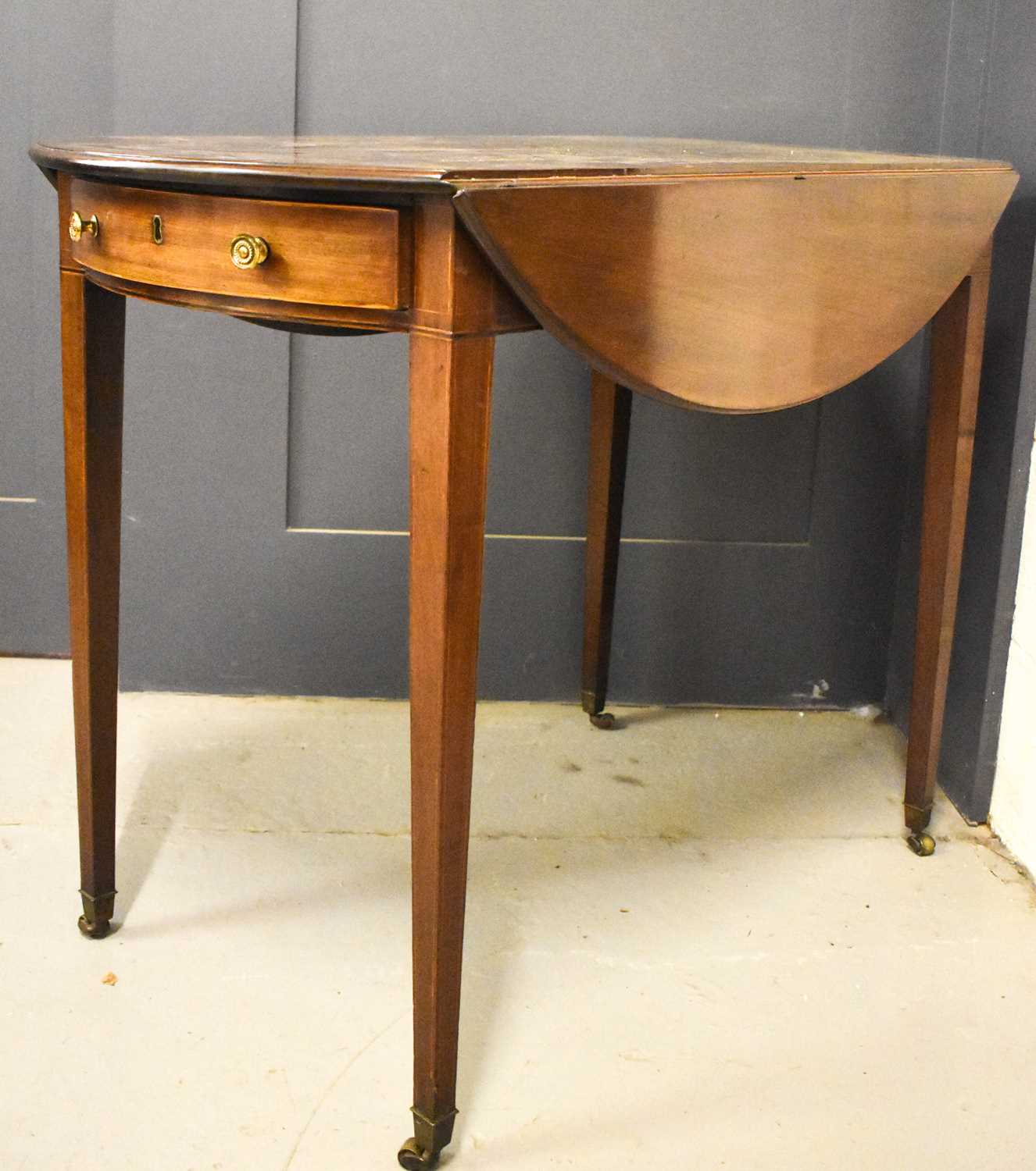 A 19th century mahogany Pembroke table with single drawer on sqaure tapered legs and brass - Image 2 of 2