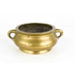 A Chinese bronze censer with twin handles and six character Xuande mark to base, 6cm high by 14cm at