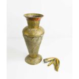 A 19th century Anglo-Indian brass and copper vase together with a brass powder flask.
