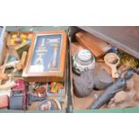 A group of collectable items to include a Chinese ginger jar, military buttons, wooden key safe