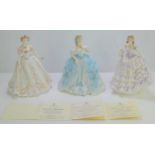 Three Royal Worcester porcelain figurines, "Belle of the Ball" number 453 of 12500, "The First