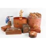 A group of boxes, to include treen examples, leather case, Kingfisher carving, playing card case,