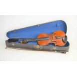 A full size violin with two piece maple back together with a bow marked John schneider inside a