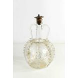 A 19th century hand blow glass twin handled jar with silver topped cork stopper, 23cm high.The