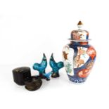 Three pottery Chinese cockerels, in blue glaze, with stamp mark to the bases, tallest measures