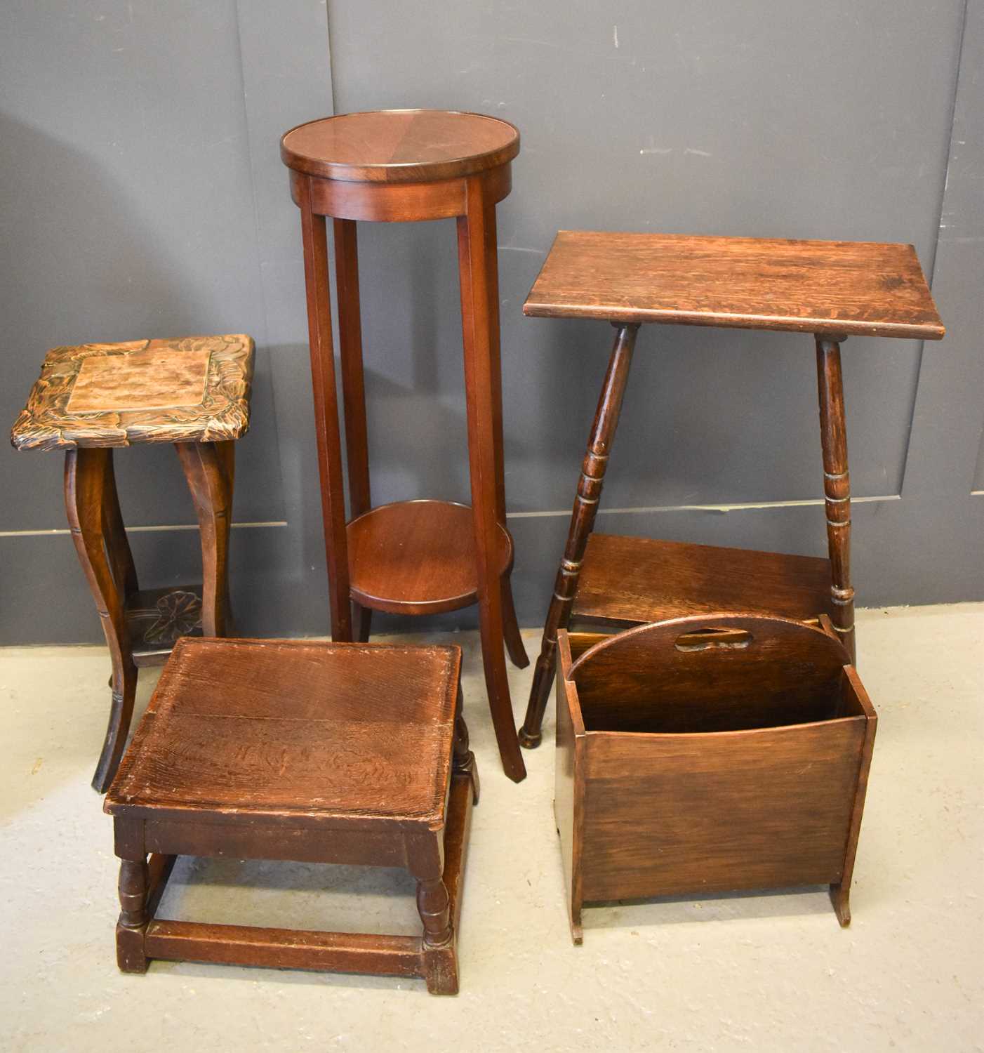 A group of 19th century and later furniture to include a mahogany jardiniere stand, oak occasional