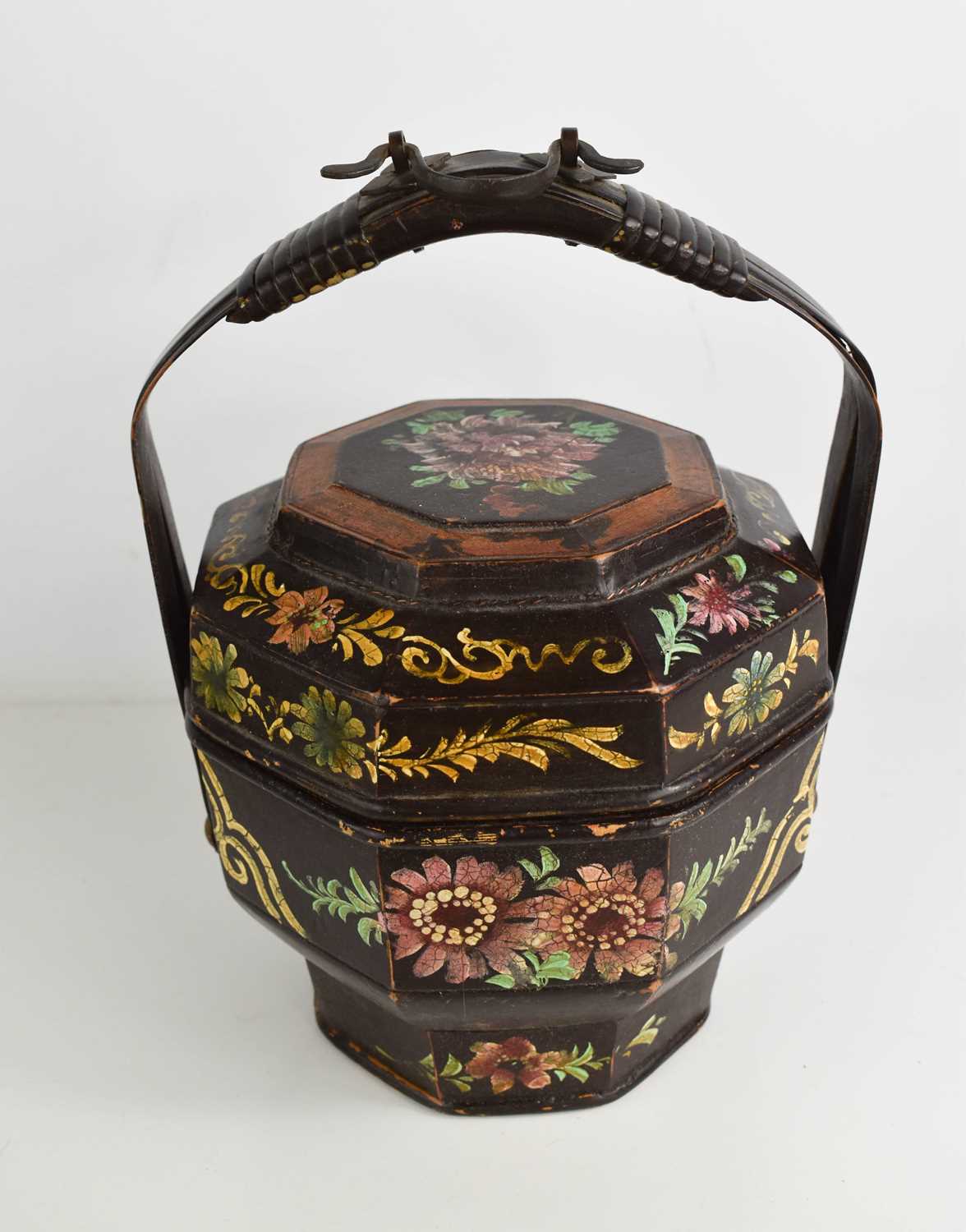 A Chinese early 20th century painted lacquered rice box, with handle.