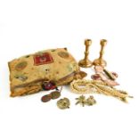 A WWI pillow and cap badges to Harold Couzens, pen knife, pair of trench art candlesticks and