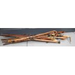 A group of antique and vintage walking canes, swagger sticks and crooks, all of differing shape