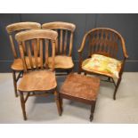 Three antique elm kitchen chairs, a 19th century mahogany stool and a 1970s example.