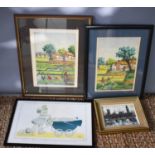 A group of four pictures comprising a 20th century oil study of Westminster Bridge, signed