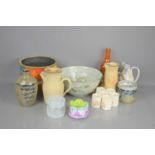 A group of contemporary glass ware and studio pottery to include an amber glass bottle, Sheila