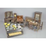 A group of vintage hand made wooden doll's house furniture together with various doll's house