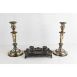 A silver plated pair of 19th century candlesticks, together with an desk inkstand with two glass
