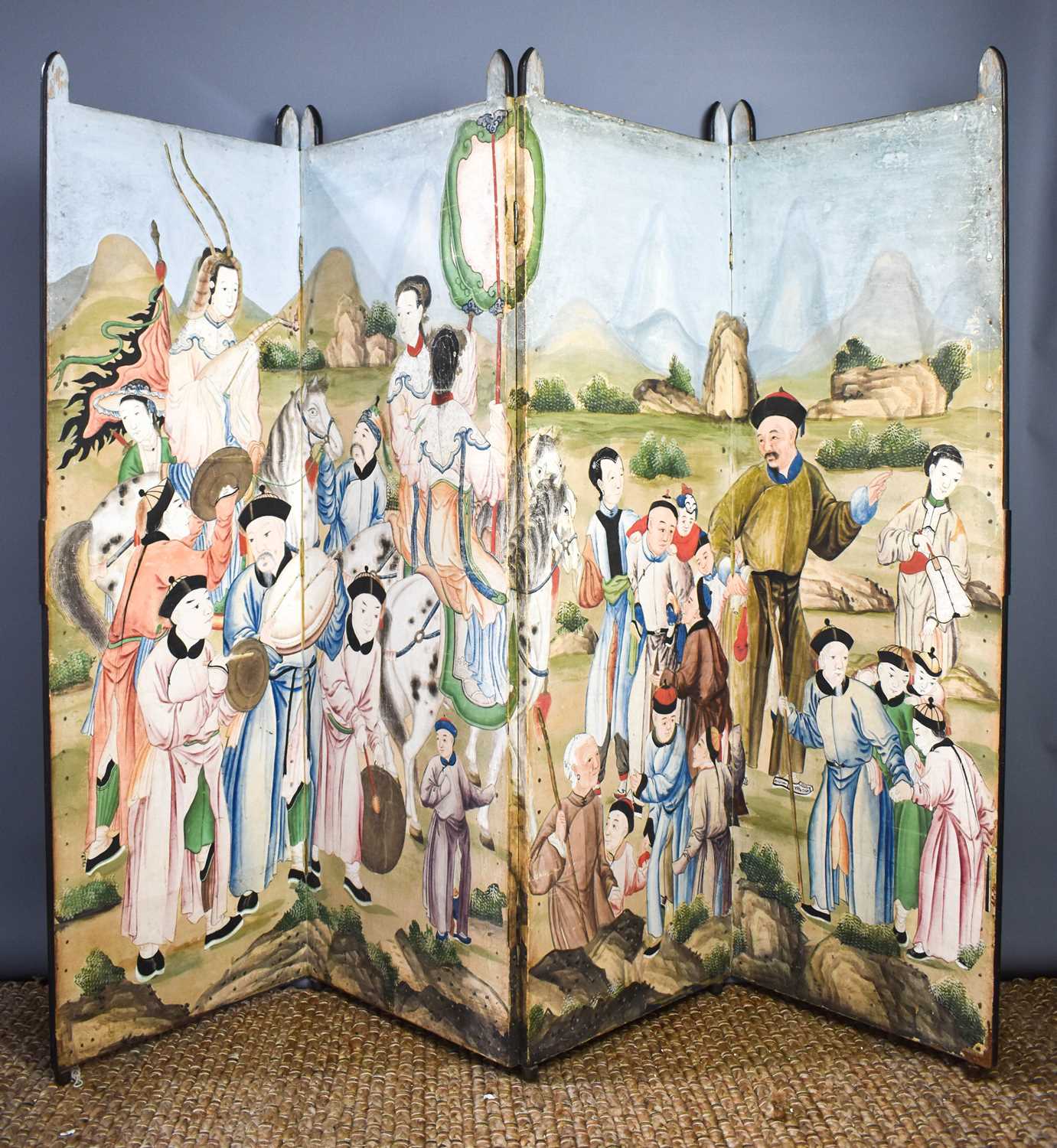Four late 19th century Chinese export hand painted panels, mounted as a four fold screen, each