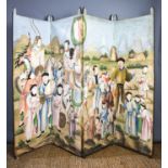 Four late 19th century Chinese export hand painted panels, mounted as a four fold screen, each