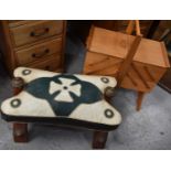 A 20th century camel stool with leather padded top together with a cantilever sewing box with