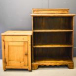 A antique pine bedside cabinet with lift up top and panel door together with a small oak two shelf