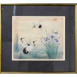 A Chinese gouache on silk, depicting cranes and irises, unsigned, circa 1900.