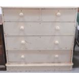 A Victorian painted pine chest of drawers, 103cm high by 106.5cm wide by 53.5cm depth.
