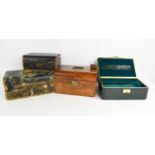 A group of jewellery boxes, to include two antique leather examples, two with keys.