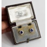 A pair of antique 9ct white gold, sapphire and diamond earrings, the cornflower blue sapphires