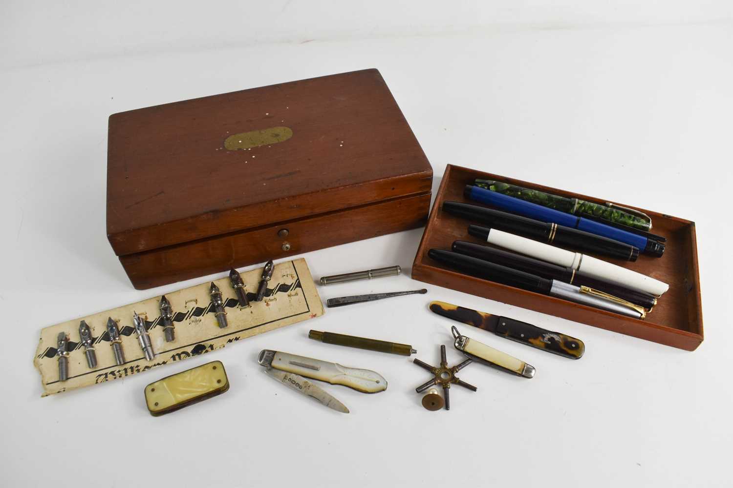 A group of vintage pens, nibs, mother of pearl and silver fruit knife, Victorian mahogany box, and - Image 2 of 2