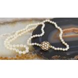 An antique cultured pearl necklace with a 9ct gold and pearl set flower head form clasp, the