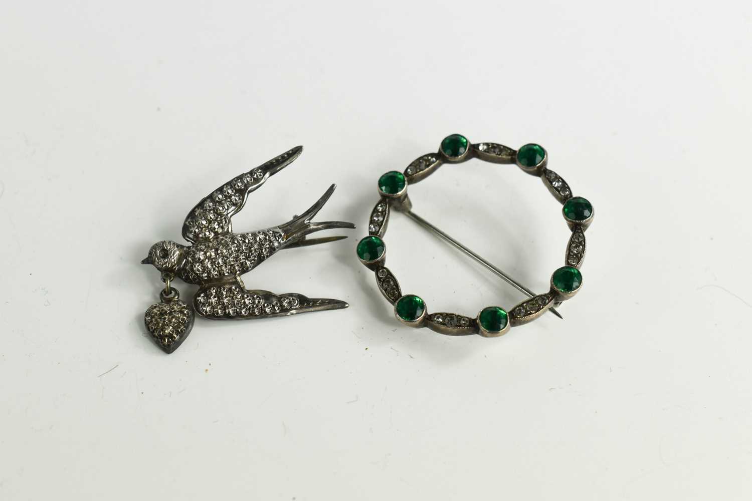 Two mid 20th century vintage brooches, comprising one set with emerald green and white paste, the - Image 2 of 2