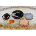A group of five agate set brooches.