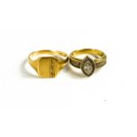 A 9ct gold signet ring, with engraved decoration, size Y, 5.6g, together with a 9ct gold and cubic