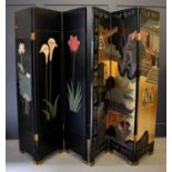 A pair of Chinese three fold screens with painted incised decoration depicting figural domestic