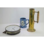 A brass tankard made from a shell together with a Coley pressure gauge and Dartmoor pottery
