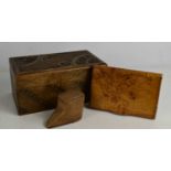 A group of treen to include a burr wood cigarette case, a Cigarettes box carved with decoration