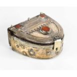 An Eastern silver and agate set antique pouch, of horse shoe form, engraved and embossed with