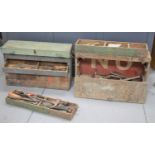 Two vintage carpenters toolboxes with contents to include Marples chisels, bit and brace, spoke