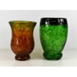 Two Art Glass vases both of mottled design, one in orange ground and the other in green, both approx