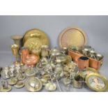 A group of copper and silver plate ware to include a copper planter, brass plaques depicting