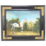 A 20th century equine study of a grey thoroughbred by a gate, oil on board, indistinctly signed